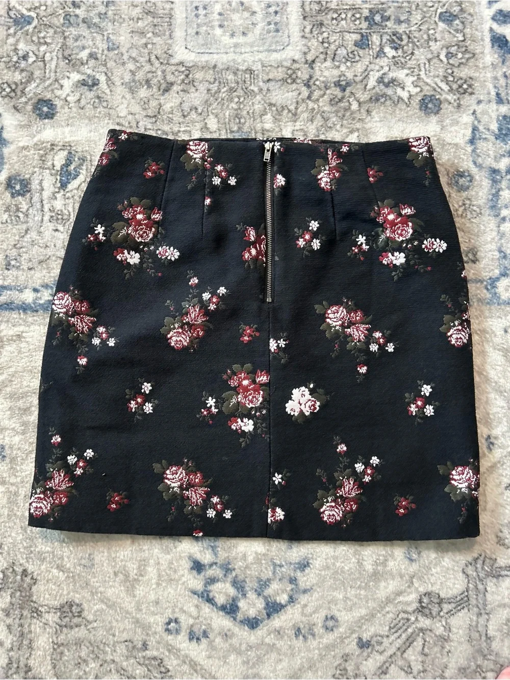 LOFT Floral Mini Skirt - Black with Burgundy & White Roses